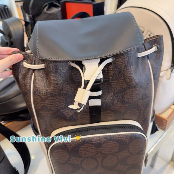 NWT COACH CY775 Racer Backpack Blocked Signature Canvas Leather Walnut Chalk - Picture 2 of 12